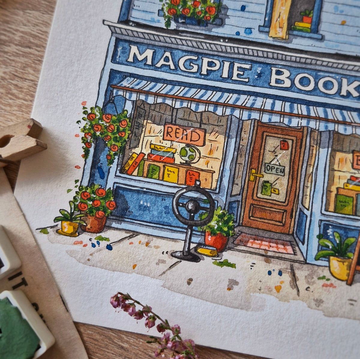 Original Watercolour of Magpie Bookshop
