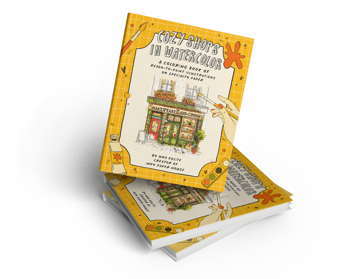 Coloring book for watercolors titled 'Cozy Shop in Watercolor' made by inky paper house