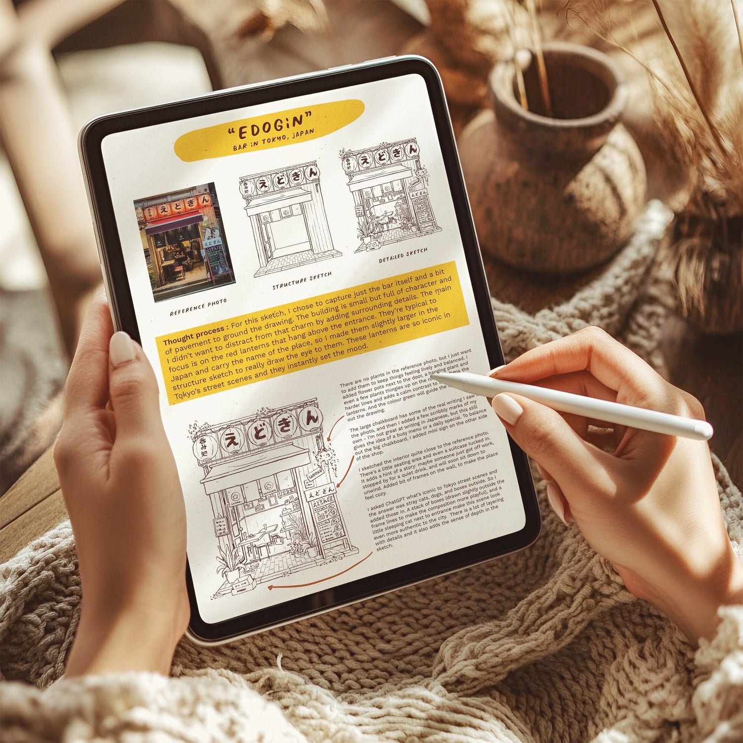 Person holding an ipad where it shows how to add character to shopfronts theory page with detailed shopfront