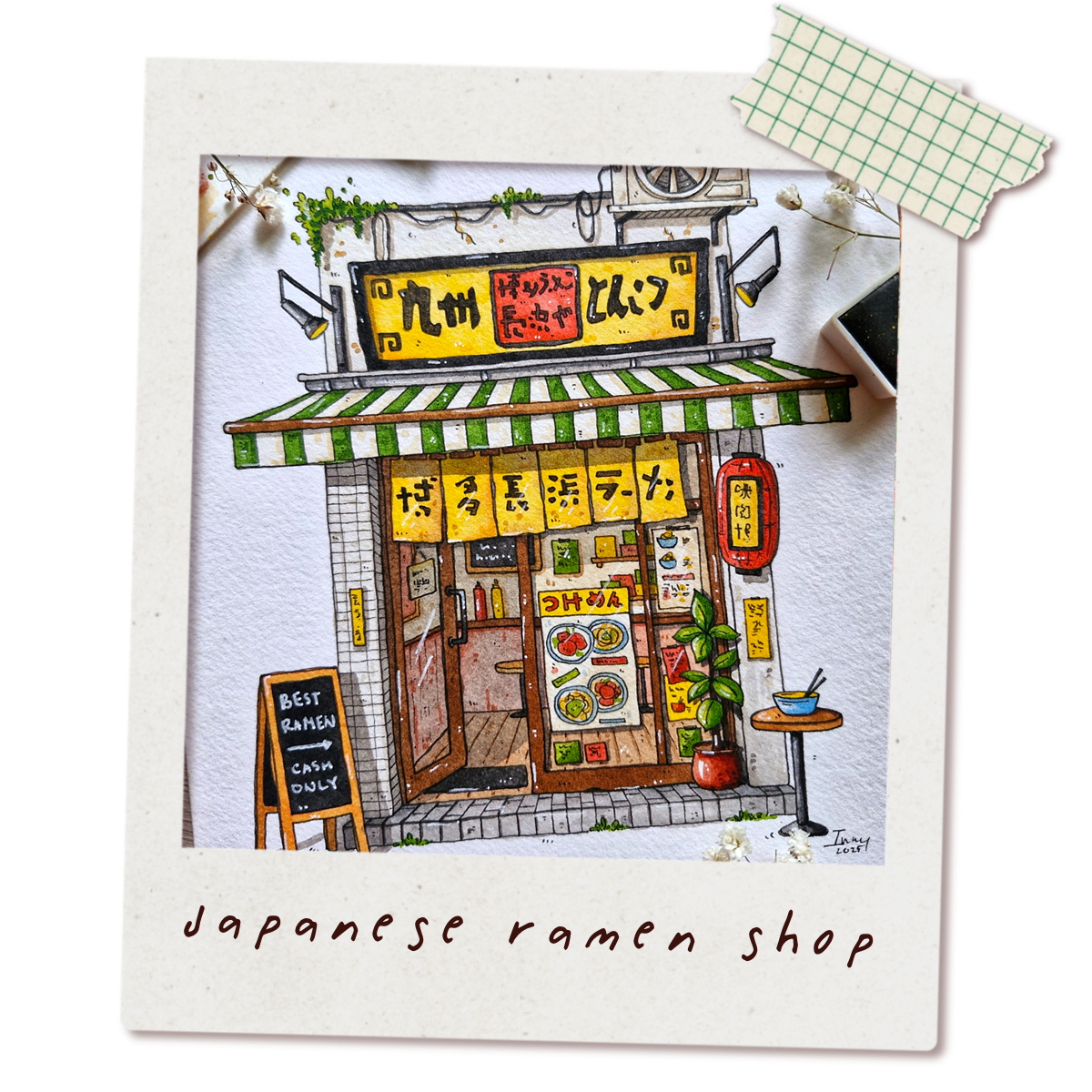 Illustration of a Japanese ramen shop with a striped awning and colorful signs.