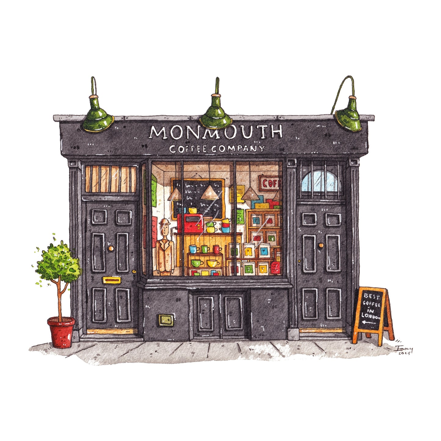 hand painted watercolor drawing of a coffee shop named 'Monmouth Coffee Company' with a window display.