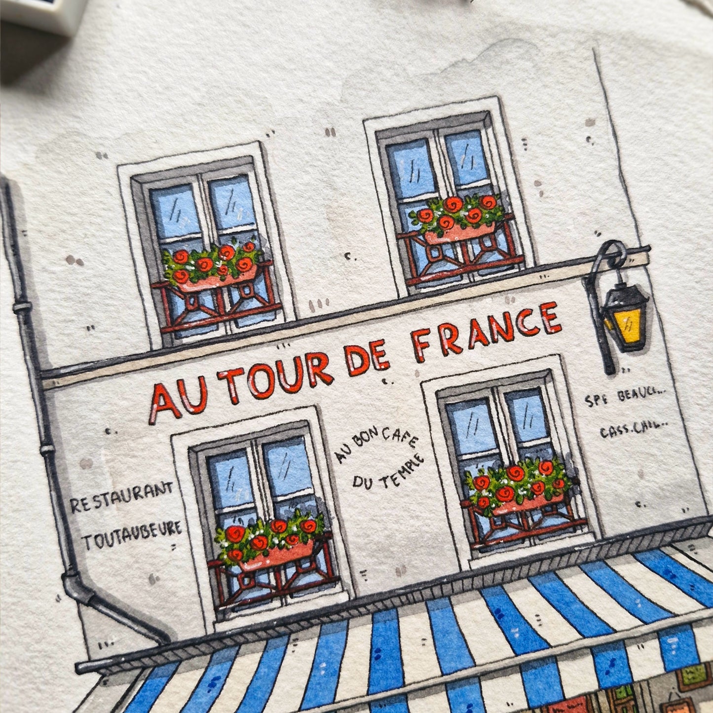 Illustration of a French restaurant facade with flowers and text
