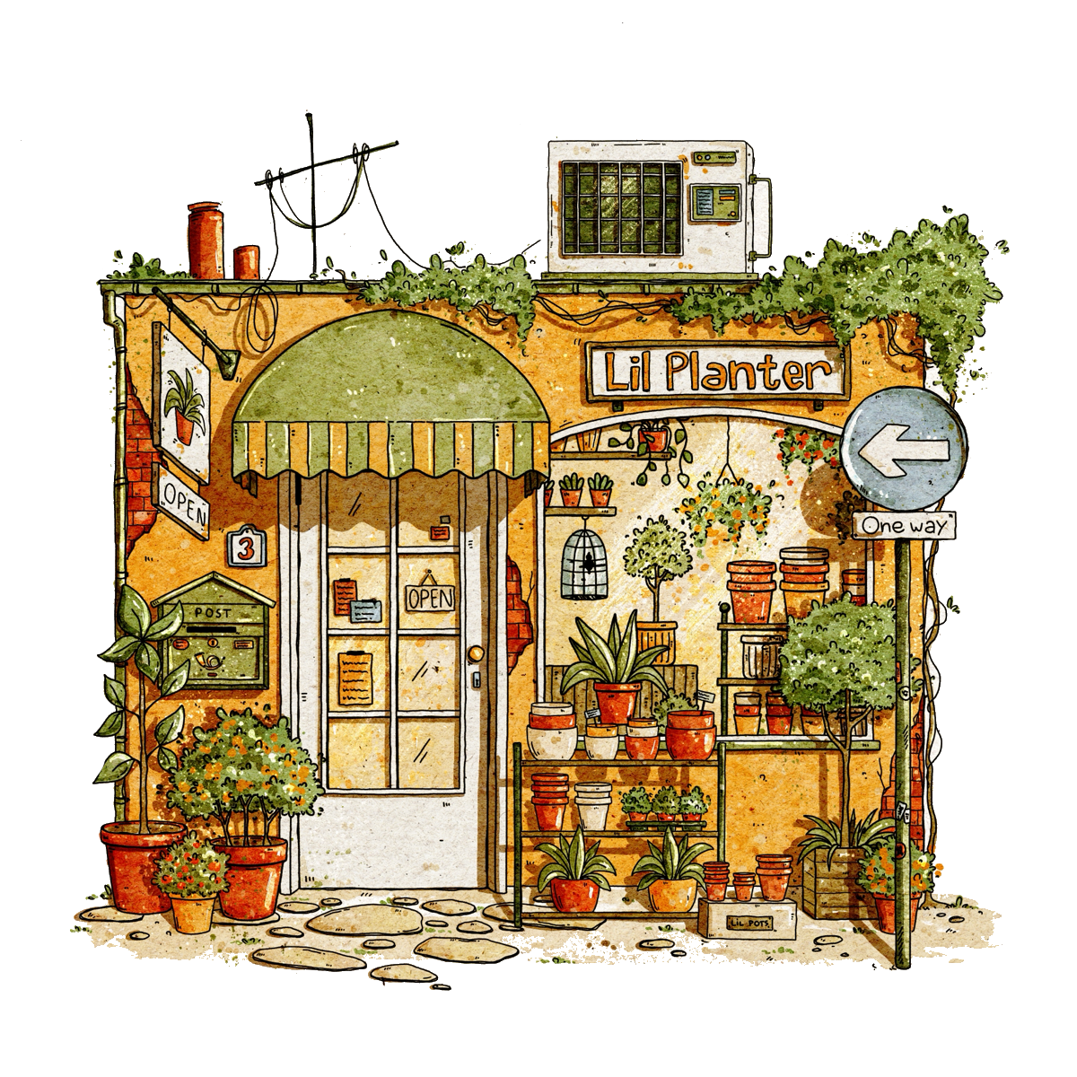 Illustration of a plant store named 'Lil Planter' with various plants and signs.
