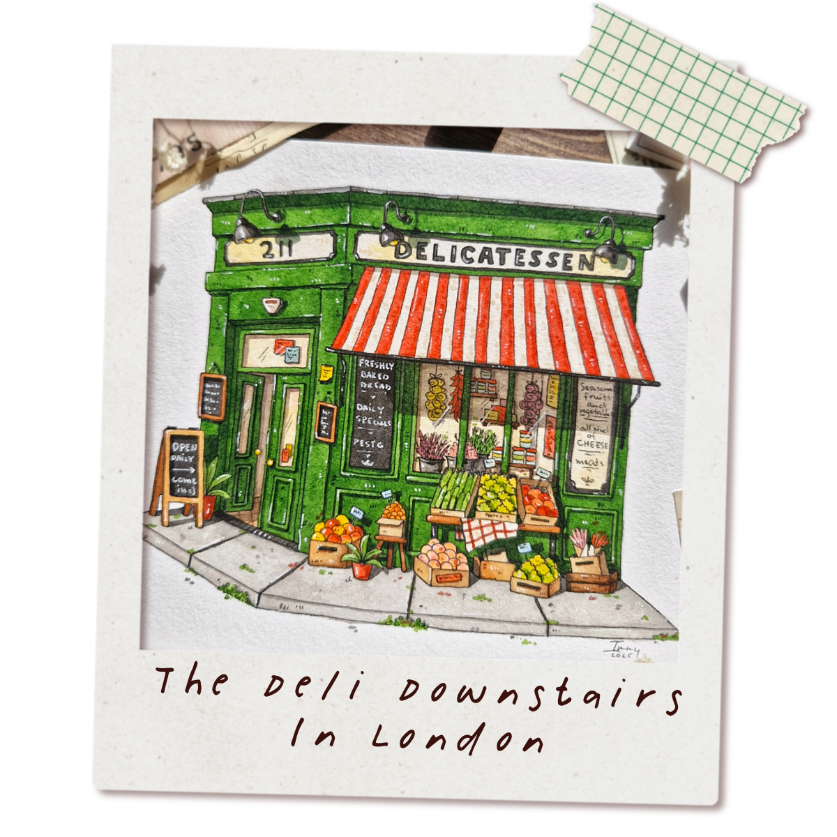 Illustration of a deli downstairs in London with a green facade and red and white striped awning.