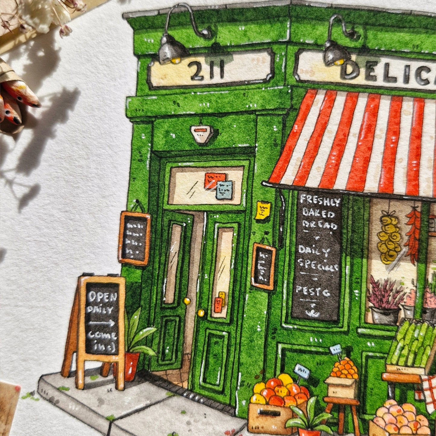 watercolor and ink painting of the deli downstairs done by inky paper house closeup of the door