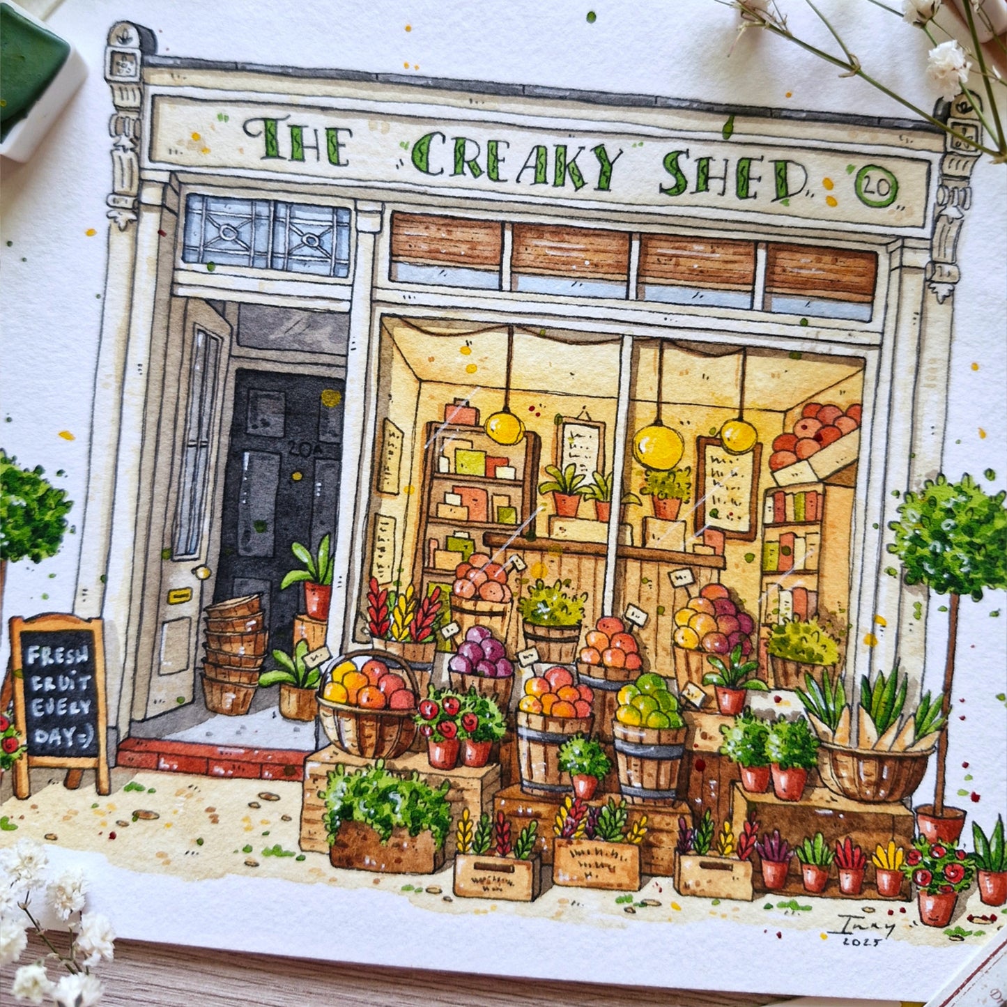 ink and watercolor painting of a store front named 'The Creaky Shed' with various fruits and plants displayed.