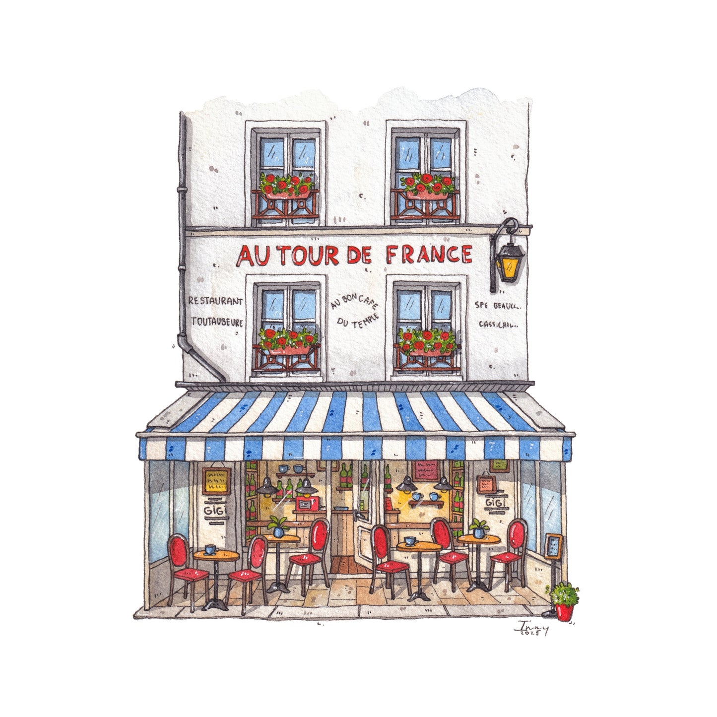 Illustration of a French cafe named 'gigi creperie' with striped awning and red chairs.