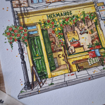 Original Watercolour of Hermanos coffee shop