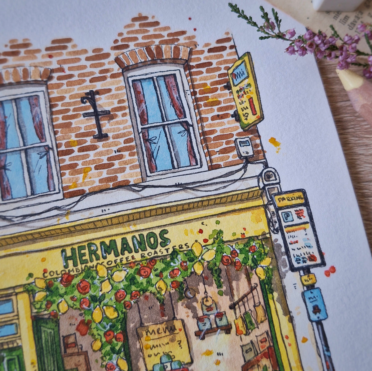 Original Watercolour of Hermanos coffee shop