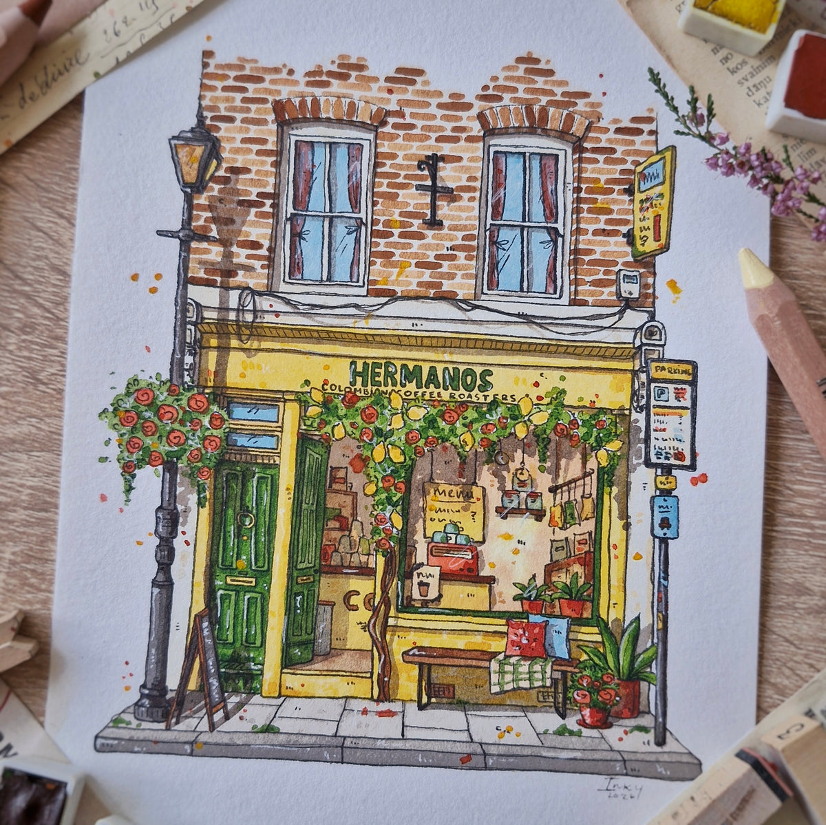 Original Watercolour of Hermanos coffee shop