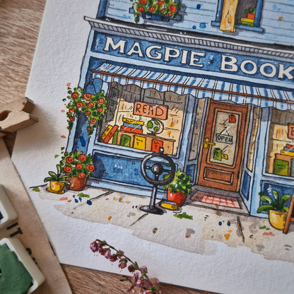 Original Watercolour of Magpie Bookshop