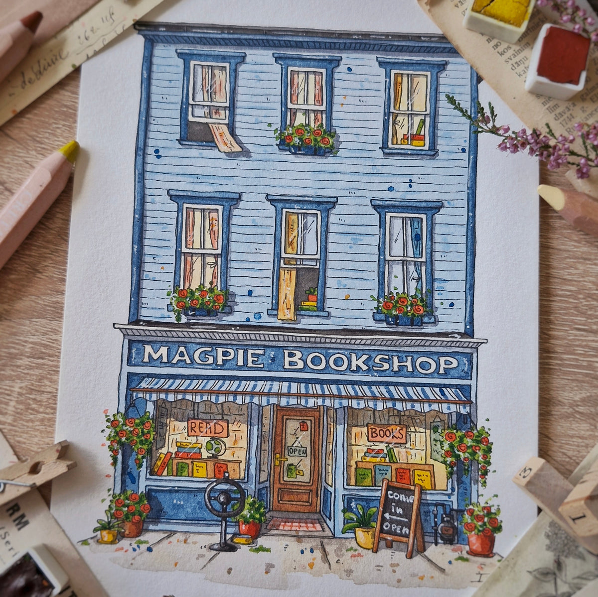 Original Watercolour of Magpie Bookshop