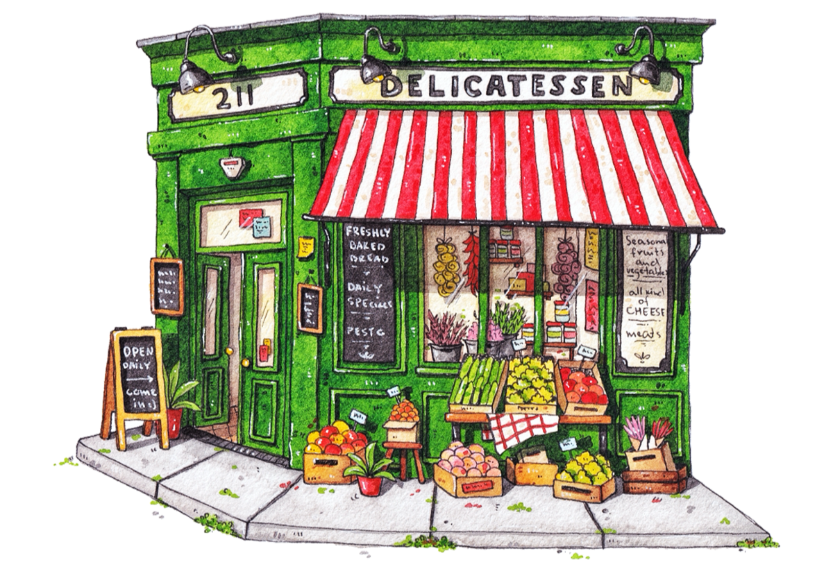 Illustration of a green deli with a red and white striped awning on a white background