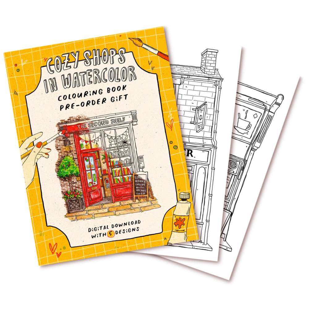 Cozy Shops in Watercolor coloring book preorder gift. digital download coloring pages