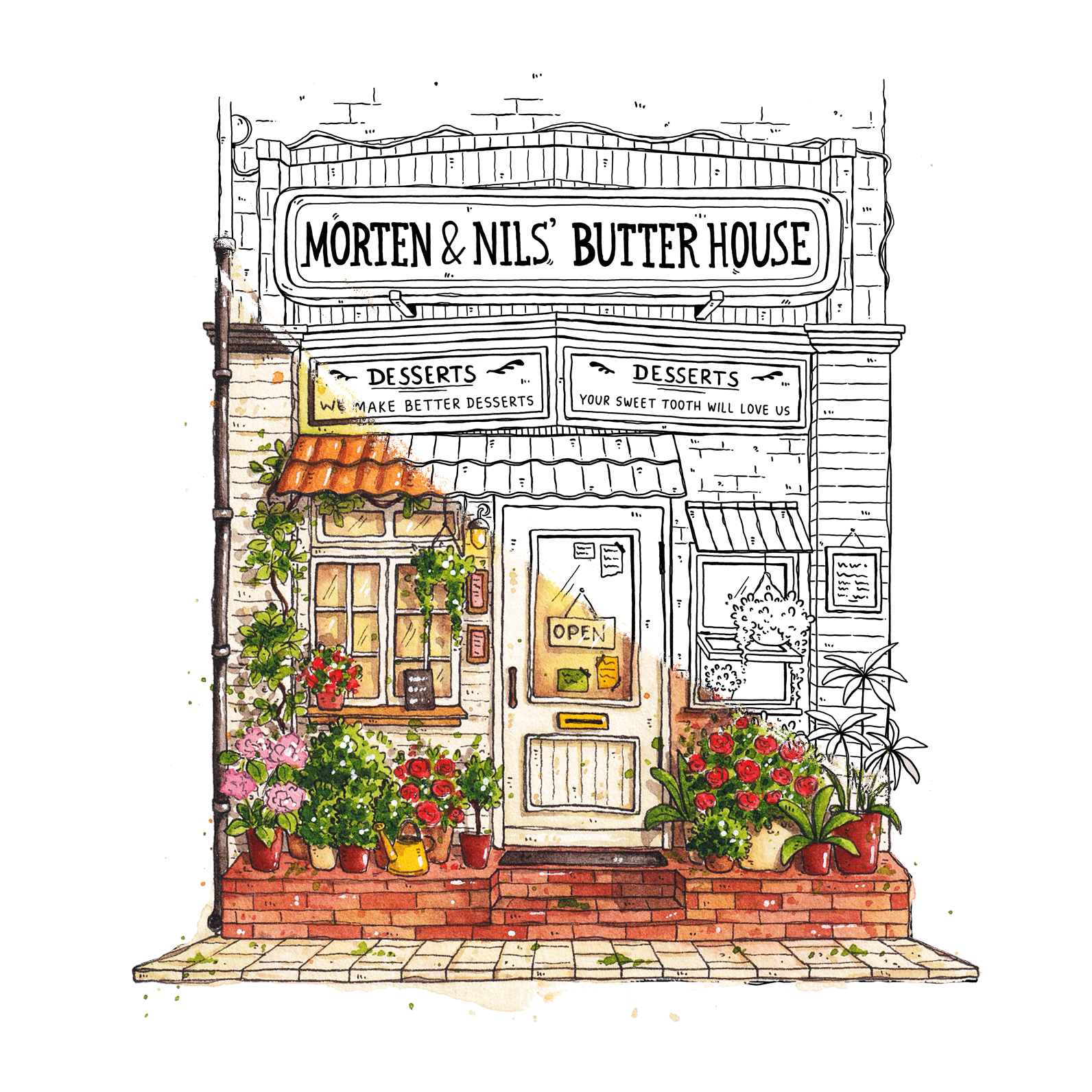 Illustration of a quaint store front with 'Morten & Nils' Butter House' sign, surrounded by plants and flowers.