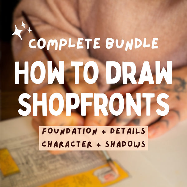 Person drawing shopfronts with text overlay about a complete bundle for learning how to draw shopfronts.