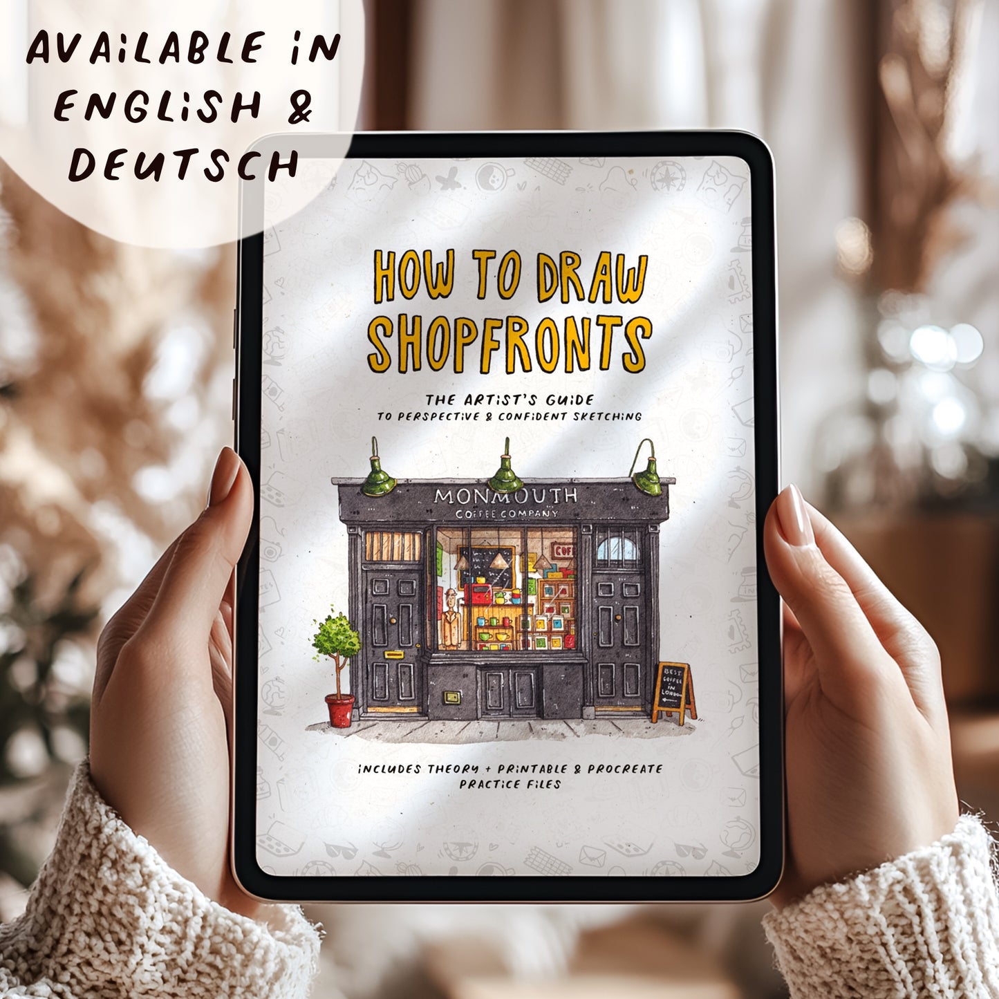 Person holding a tablet with 'How to Draw Shopfronts' book cover displayed.