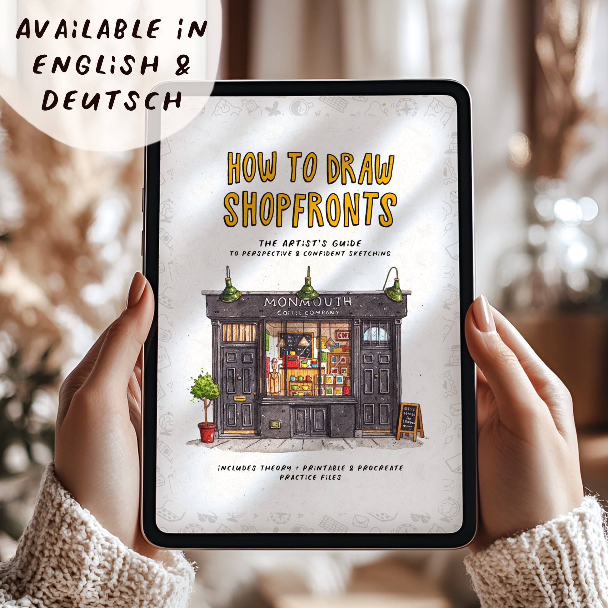Person holding a tablet with 'How to Draw Shopfronts' book cover displayed.