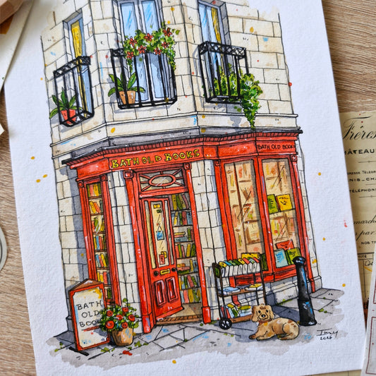 Original Watercolour of Bath Old Books, Bath