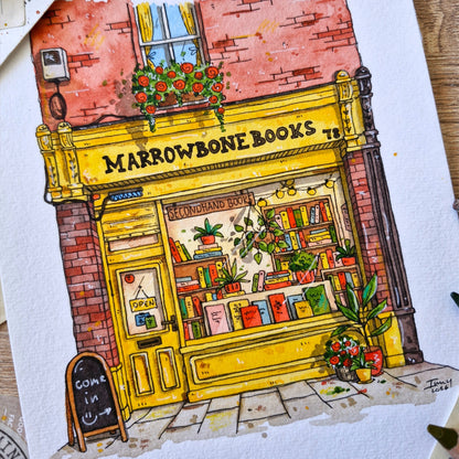 Original Watercolour of Marrowbone Books, Dublin