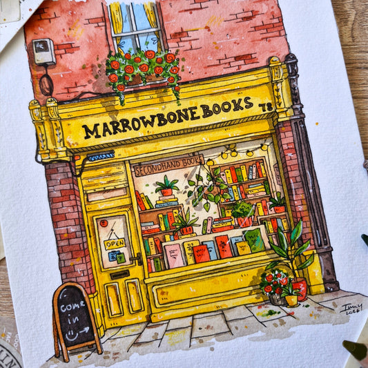 Original Watercolour of Marrowbone Books, Dublin