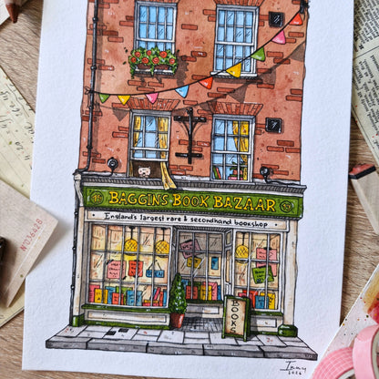 Original Watercolour of Baggins Book Bazaar, Rochester