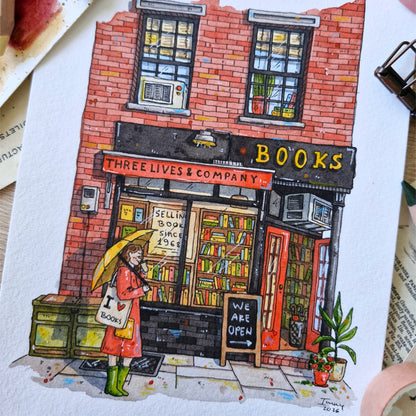Original Watercolour of Three Lives & Company, New York