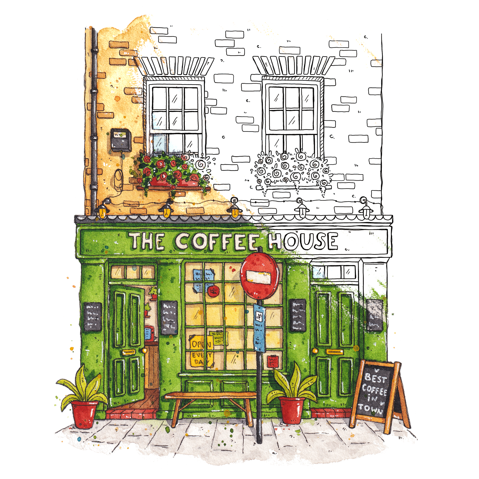 Illustration of a coffee house with green doors and a sign that reads 'The Coffee House'.