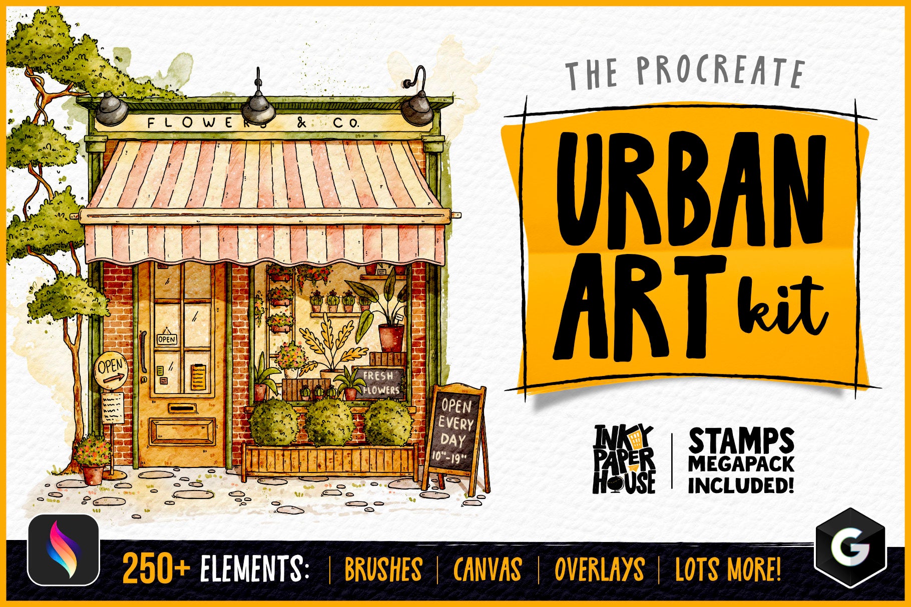 Promotional graphic for The Procreate Urban Art Kit featuring a store front illustration.
