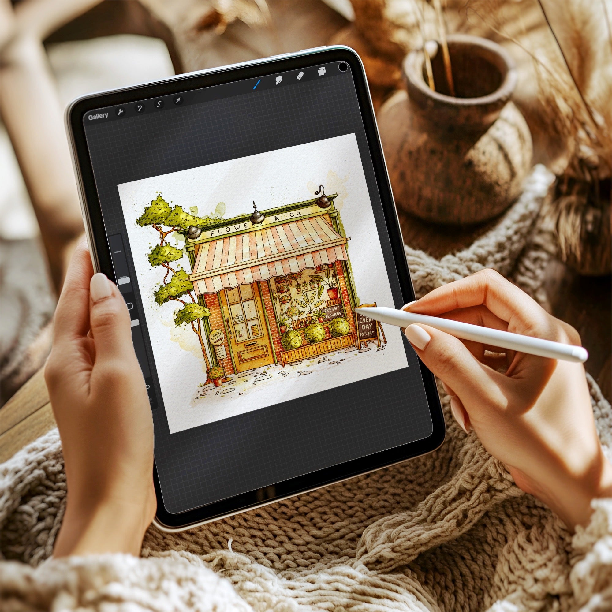 Person drawing a detailed illustration of a building on a tablet with a stylus, surrounded by cozy items.