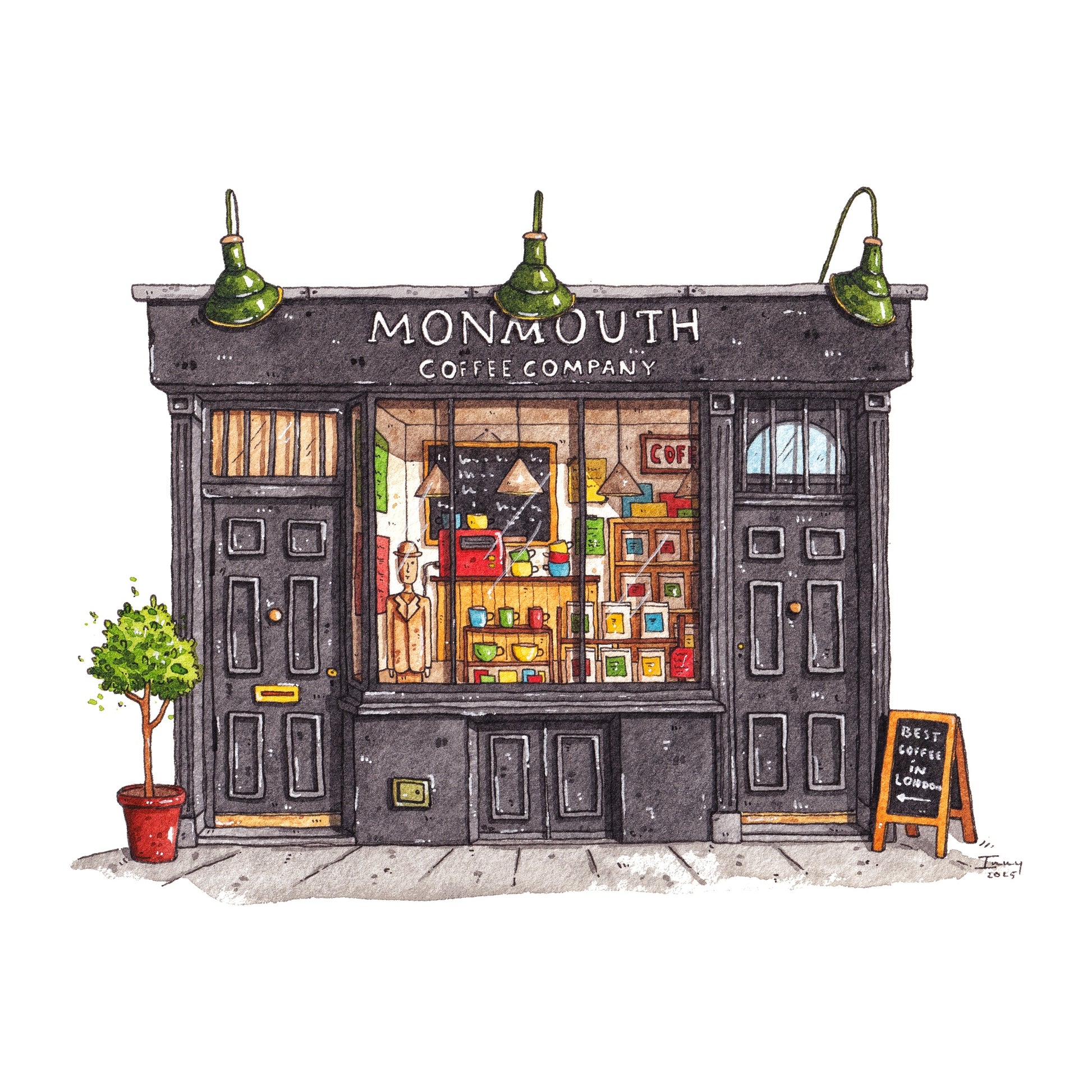 hand painted watercolor drawing of a coffee shop named 'Monmouth Coffee Company' with a window display.
