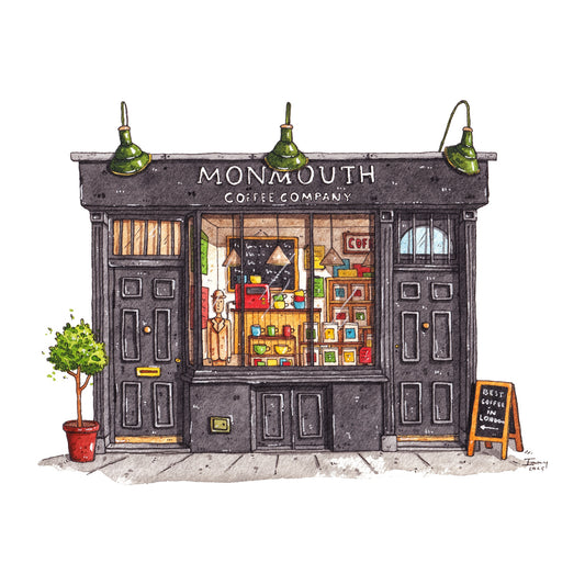 hand painted watercolor drawing of a coffee shop named 'Monmouth Coffee Company' with a window display.