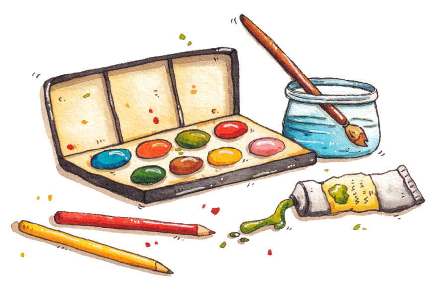 Illustration of art supplies including a paint palette, paintbrush, and tubes of paint on a white background by inkypaperhouse