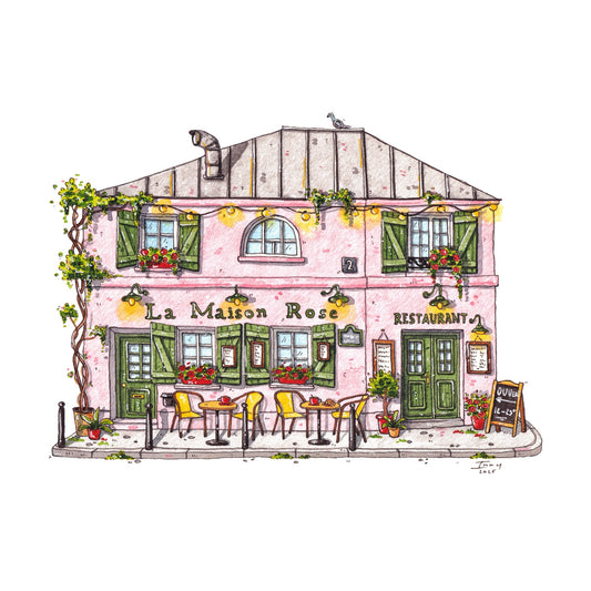 watercolor painting of a pink building with green shutters named 'La Maison Rose' featuring outdoor seating.