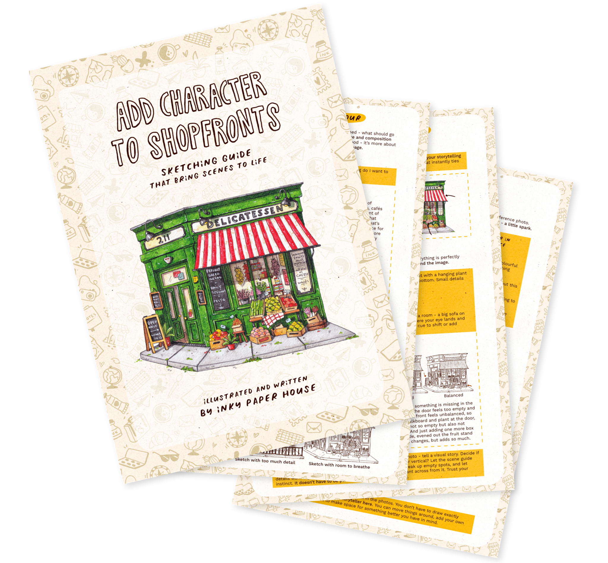 Sheets with illustrations of shopfronts and text on a white background