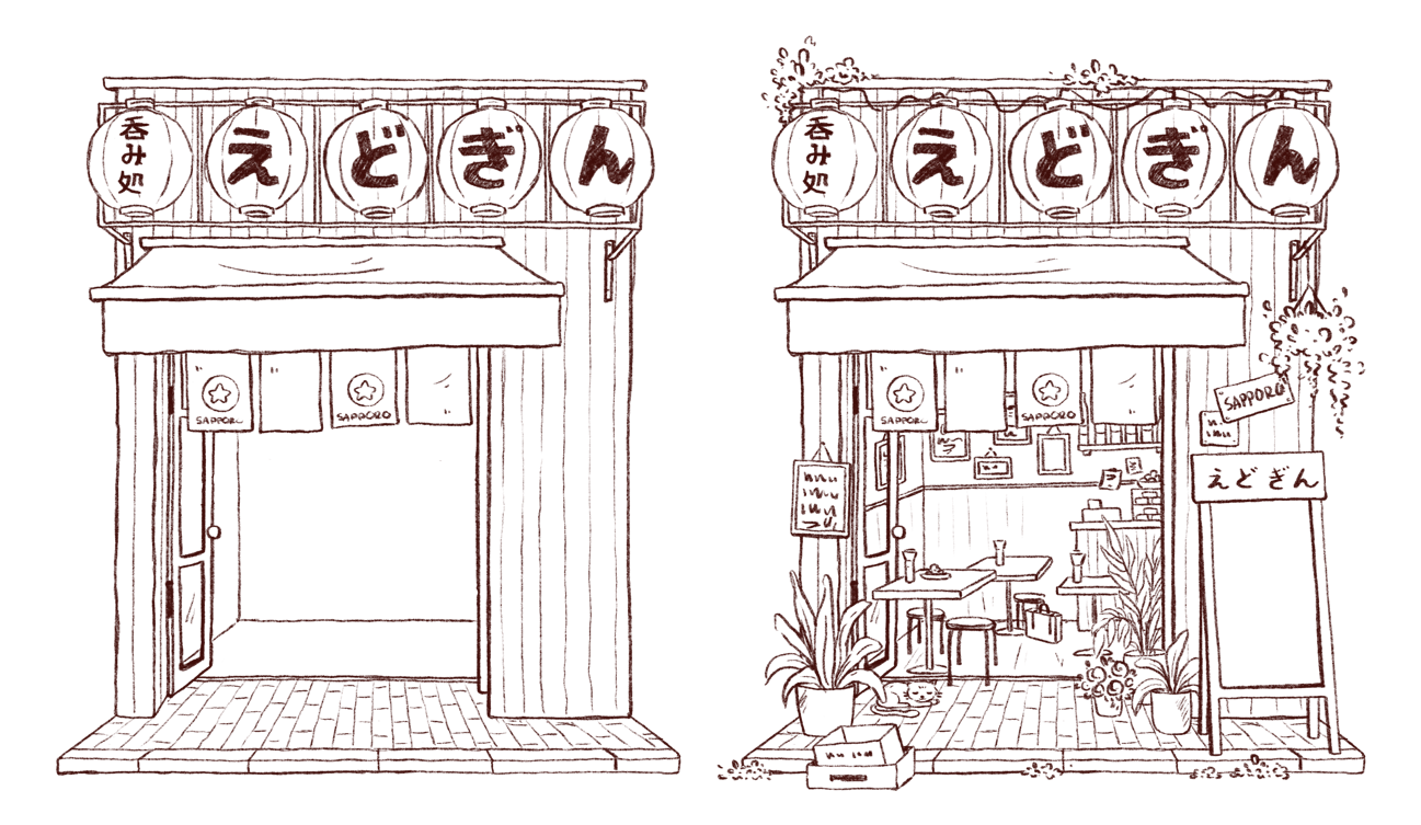 showing 2 shopfronts one with detail one without done as an example for add character to shopfronts sketching guide by inky paper house