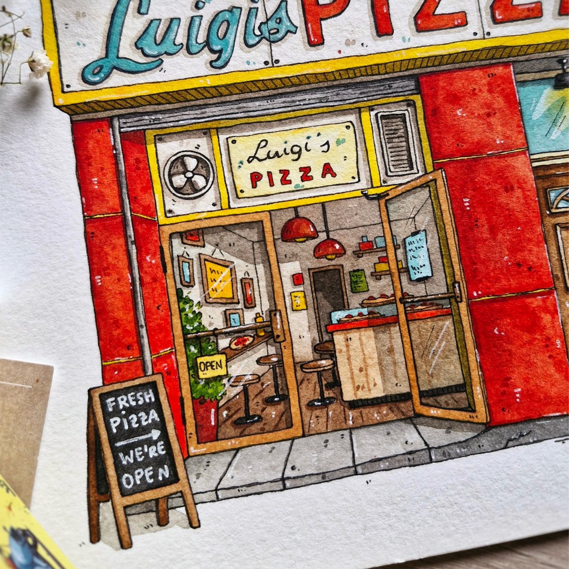 Illustration of Luigi's Pizza shop with a sign and 'Open' door.