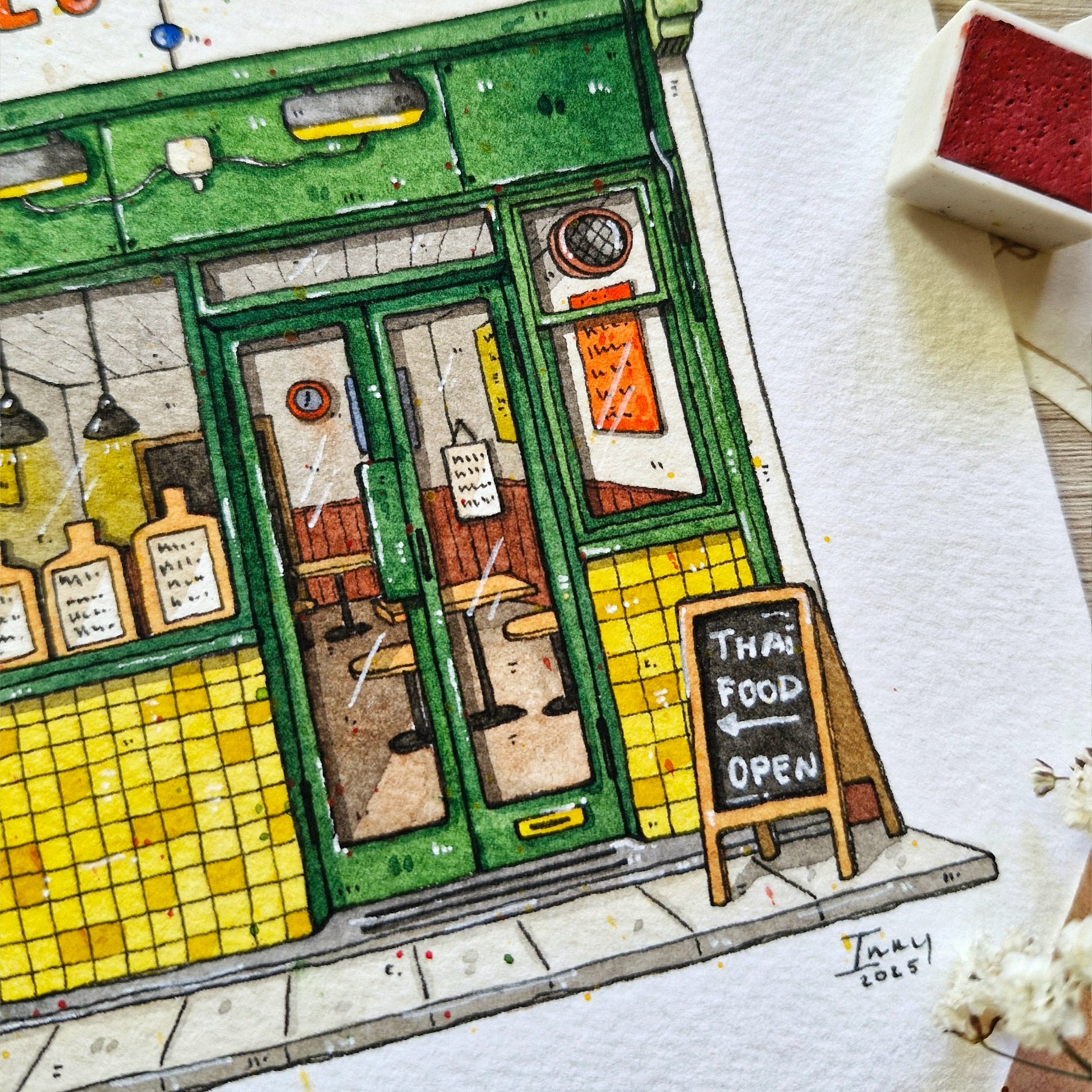 Colorful illustration of a Thai food restaurant with a chalkboard sign on a white background.