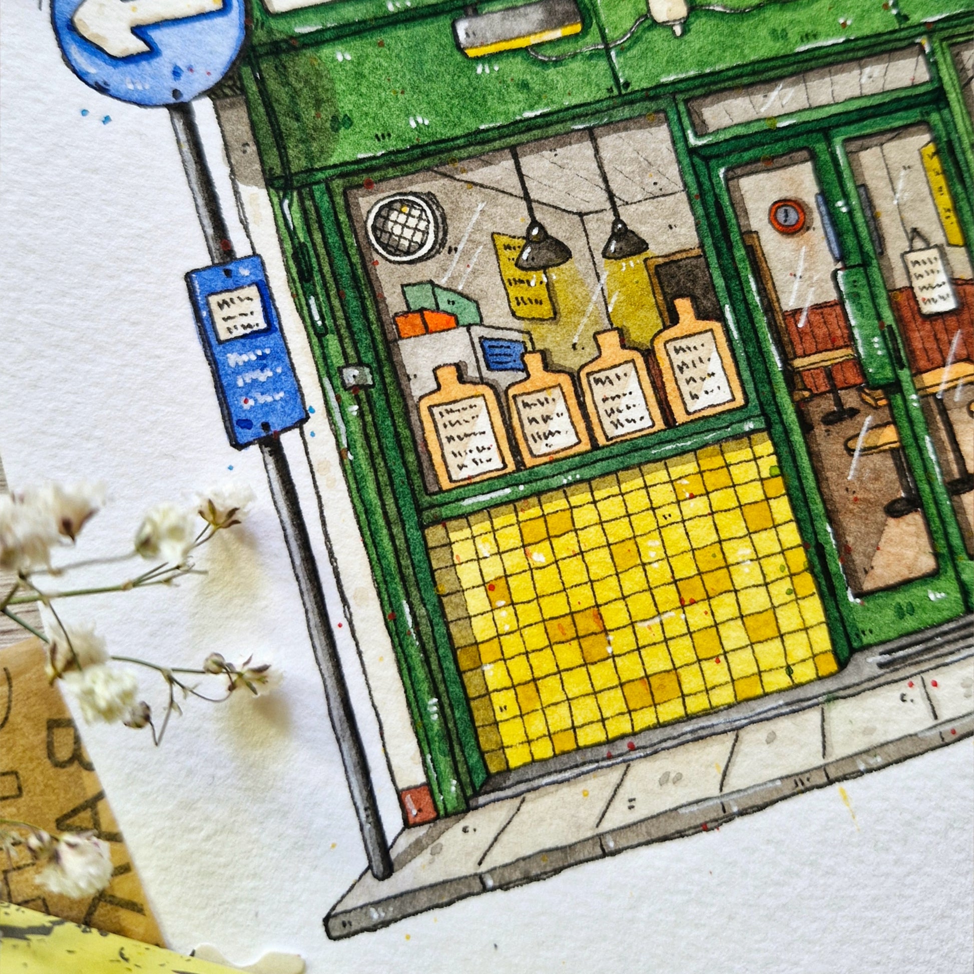 Illustration of a store front with various items on a white background
