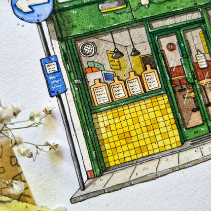 Illustration of a store front with various items on a white background