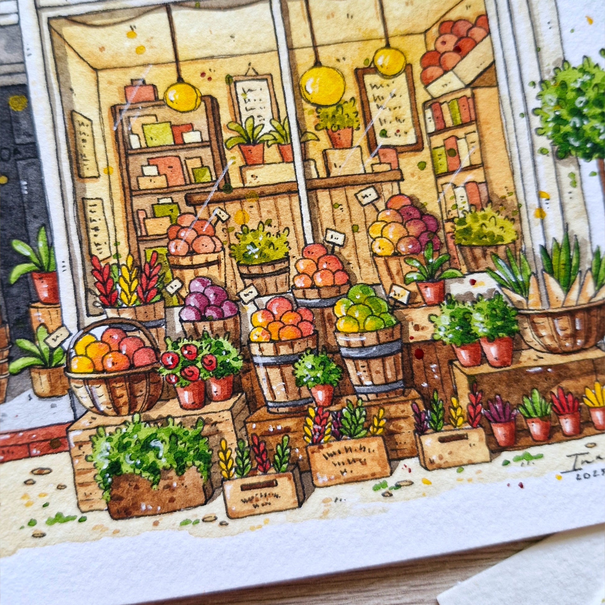 watercolor and ink painting of all the fruits and vegetables in front of the building called the creeky shed