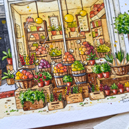 watercolor and ink painting of all the fruits and vegetables in front of the building called the creeky shed