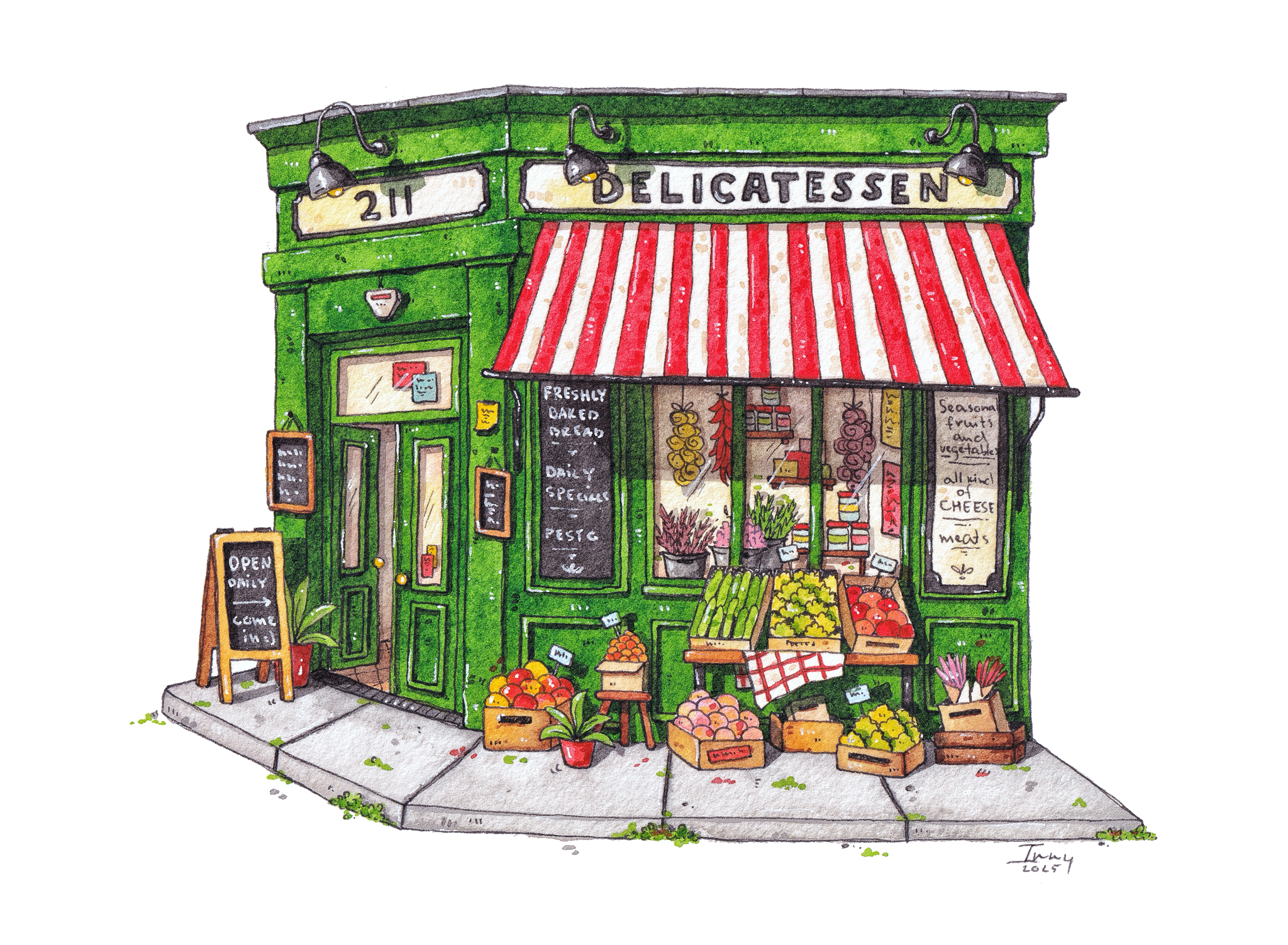 Illustration of a deli store with a green facade and red and white striped awning.