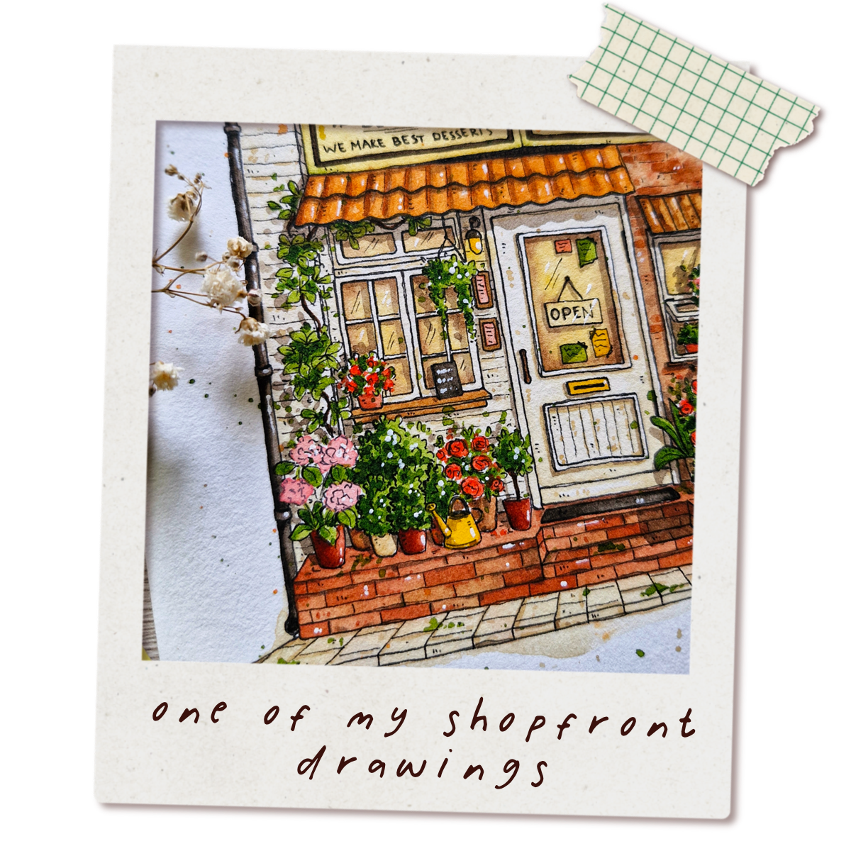 Colorful drawing of a shopfront with plants and flowers, labeled 'one of my shopfront drawings'.