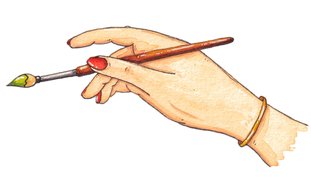 Illustration of a hand holding a paintbrush with a white background