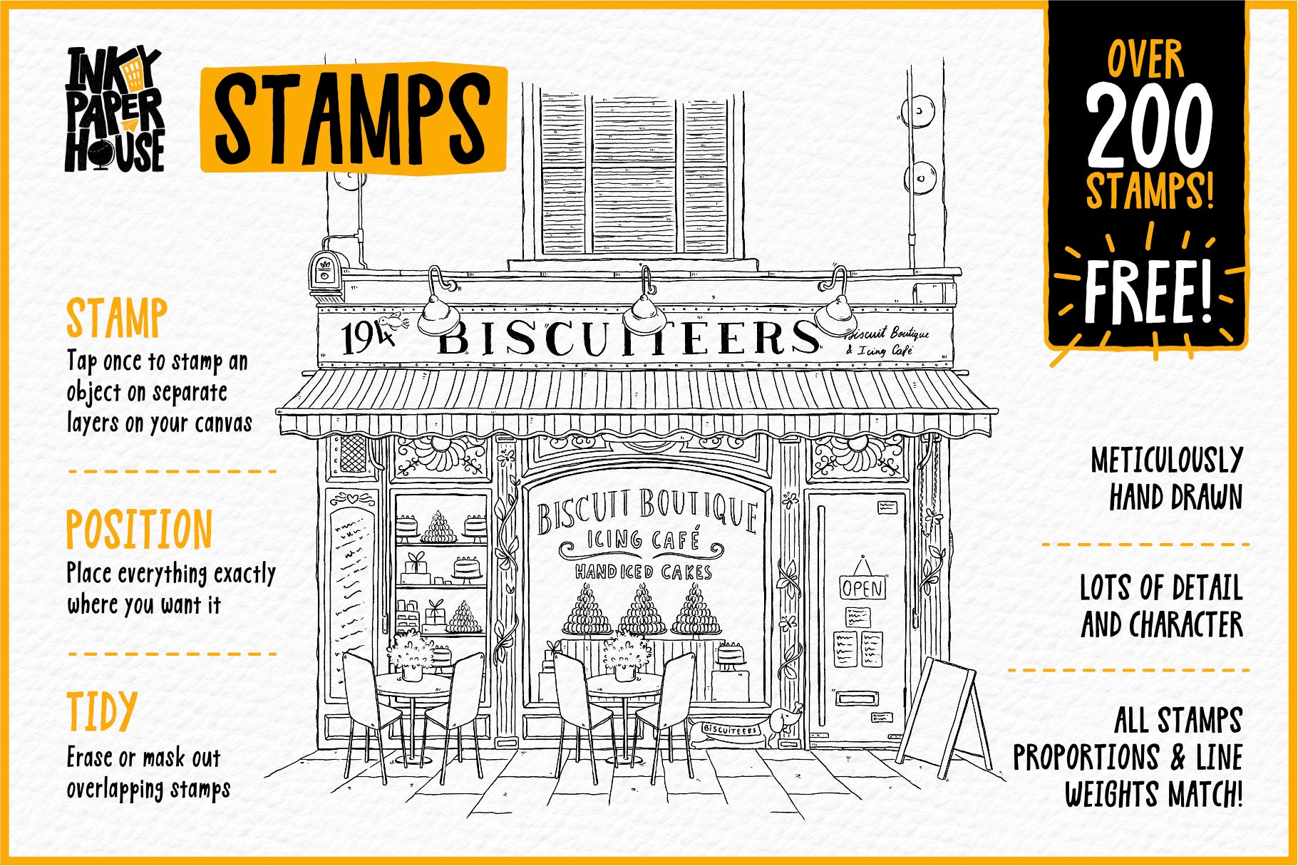 Illustration of a bakery with text about stamps from Inky Paper House