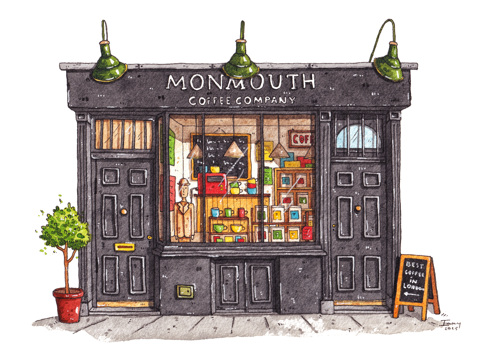 Illustration of a coffee shop named 'Monmouth Coffee Company' with a sign and plant outside.