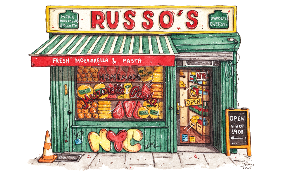 Illustration of a store front 'Russo's' in New York