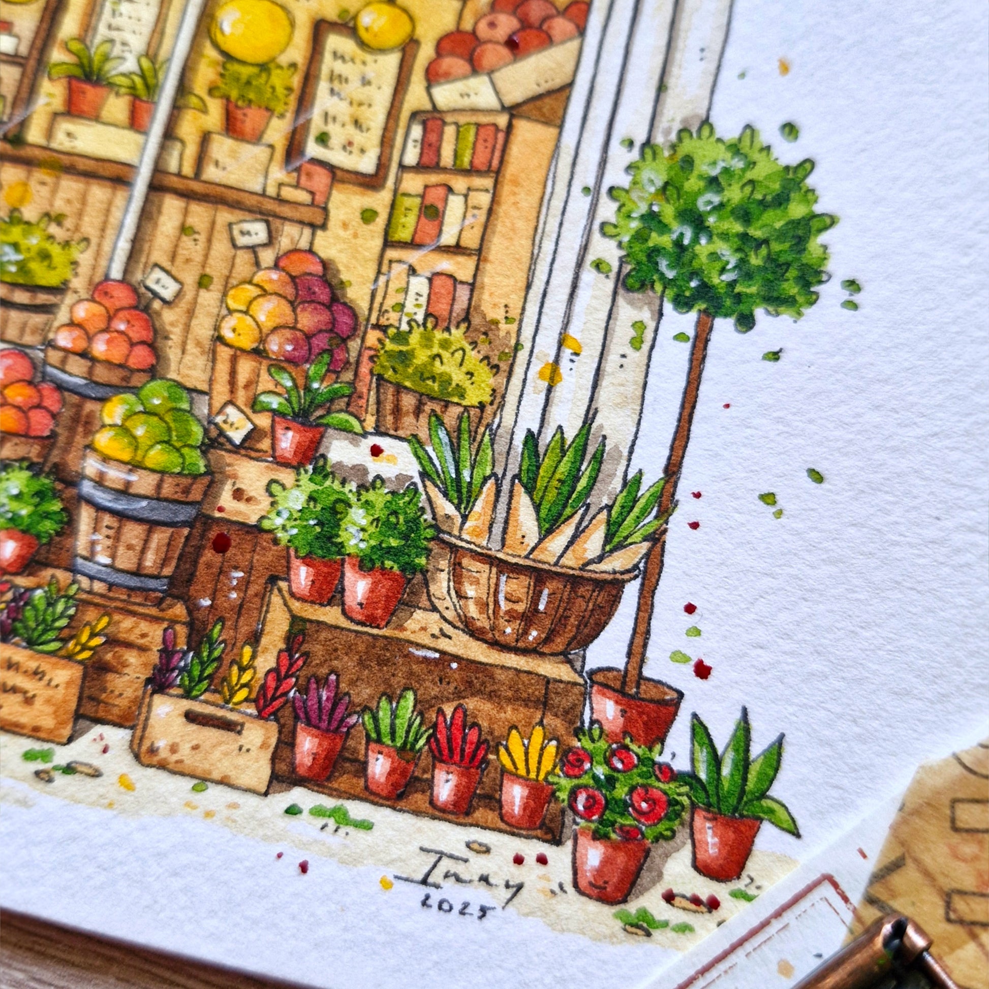 watercolor and ink painting of a market scene with fruits, vegetables, and plants.
