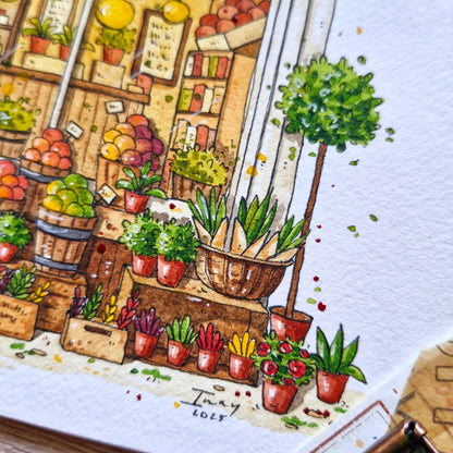 watercolor and ink painting of a market scene with fruits, vegetables, and plants.